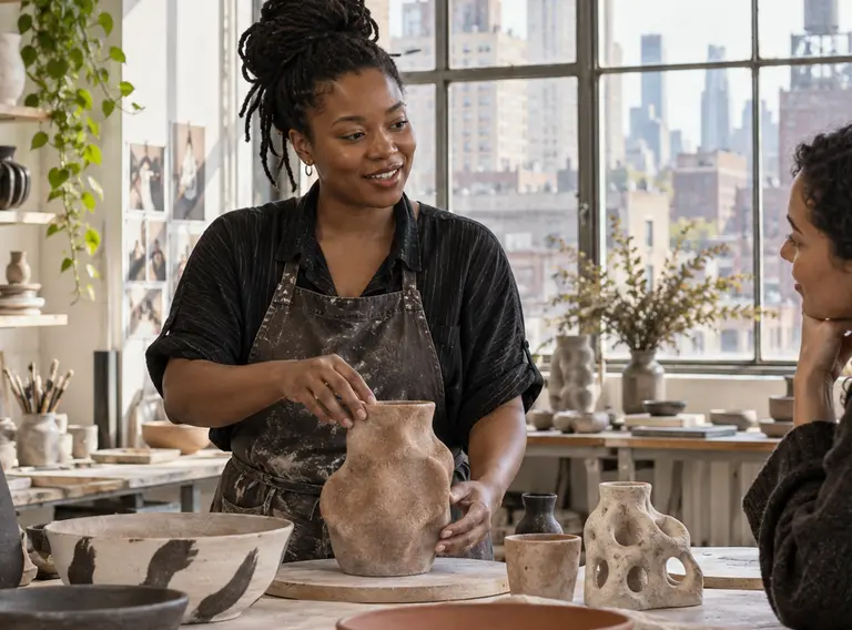An independent ceramicist welcoming a visitor to her studio