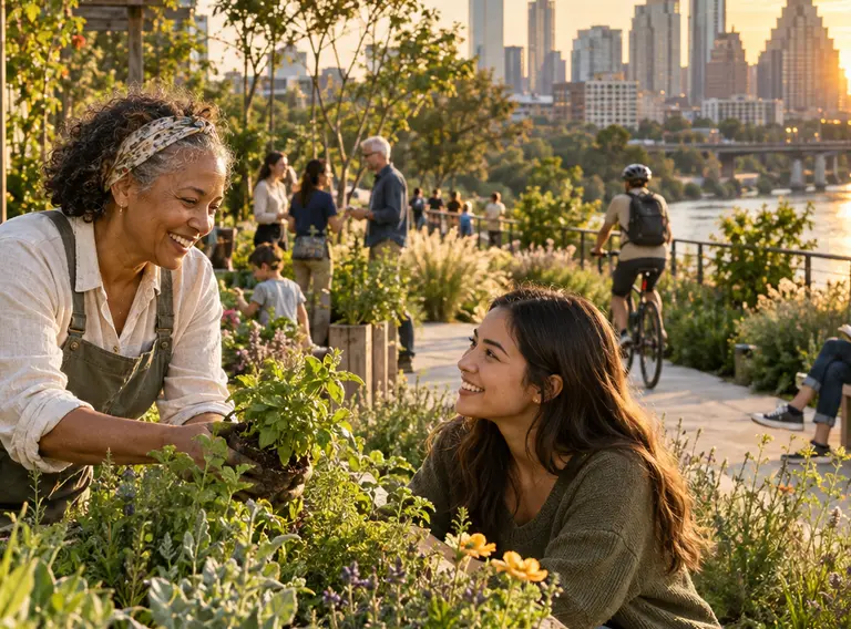 Residents sharing a green urban garden beside the city