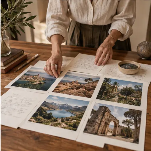 Travel editor arranging destination photographs