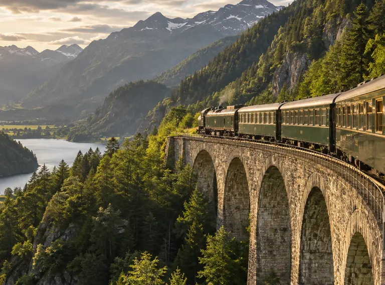 Historic train crossing a mountain viaduct