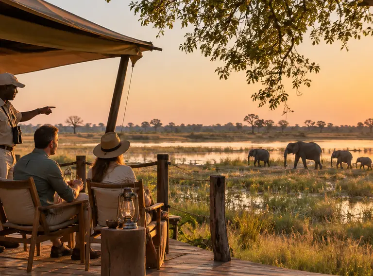 Responsible safari camp overlooking elephants