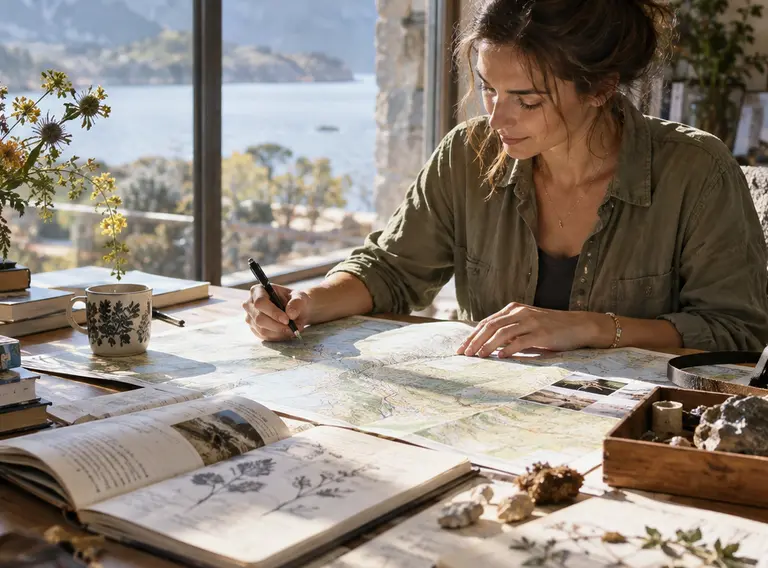 Travel researcher examining evidence and field notes