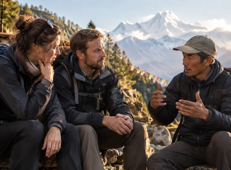 Travellers and a local guide exchanging views