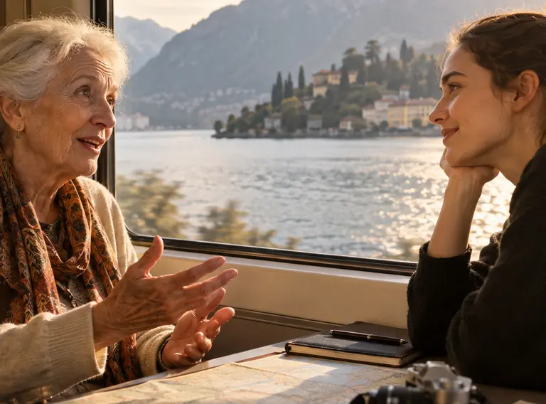 Older traveller sharing a journey story on a train
