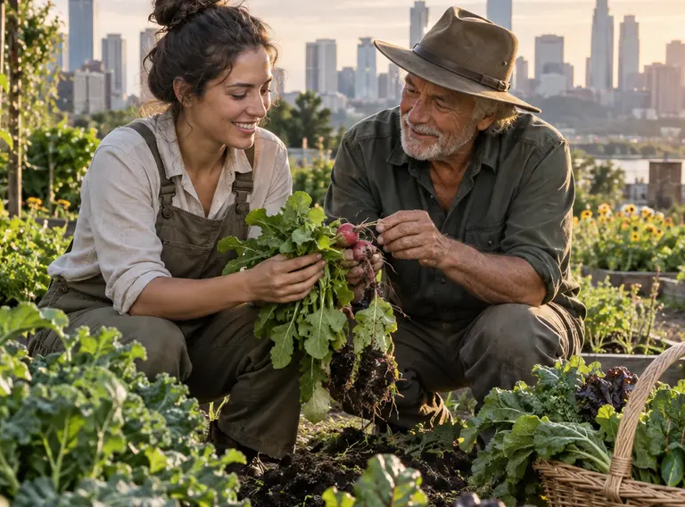 Two growers working together in an urban garden