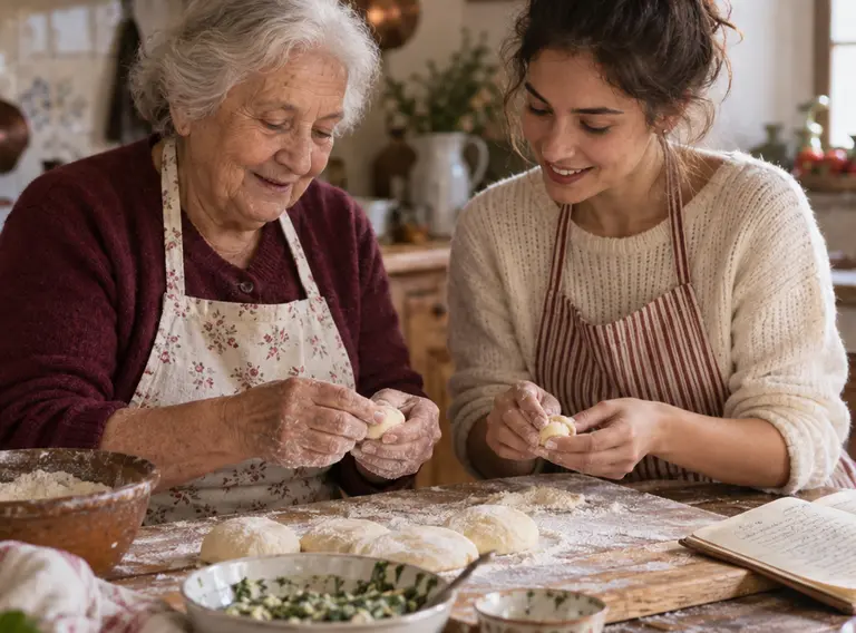 Two generations preparing a treasured family recipe