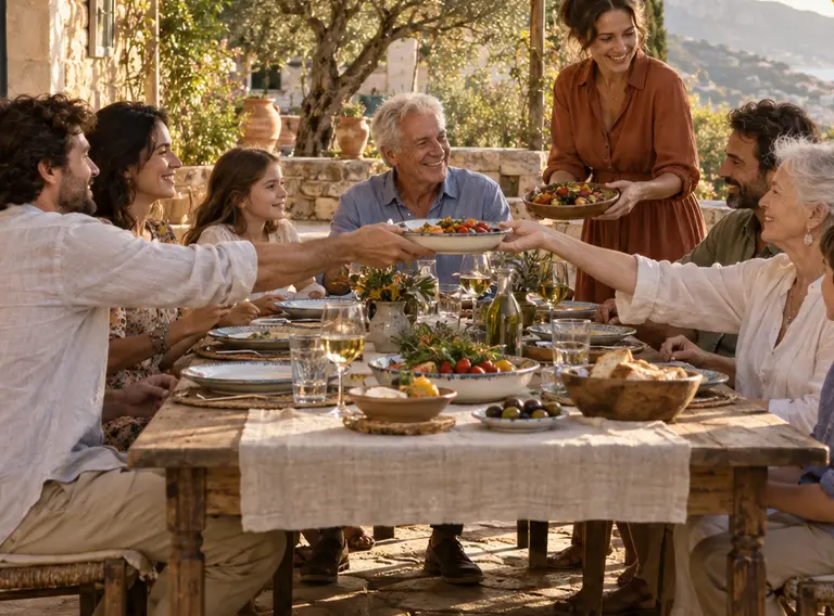 A multigenerational family sharing an outdoor table