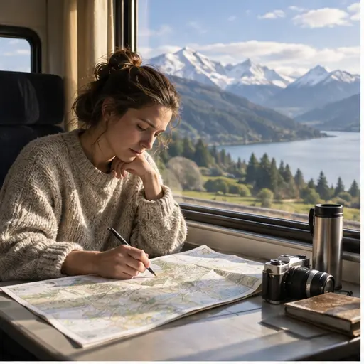 Traveller planning a route across a landscape
