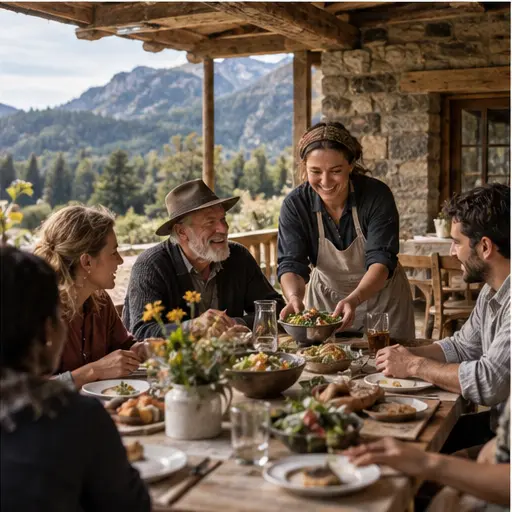 Community hosts and guests sharing a meal