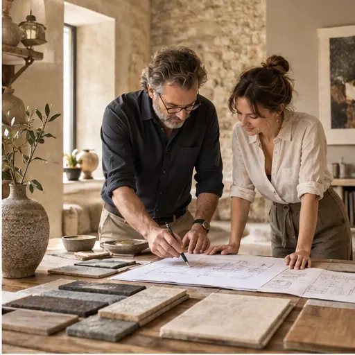 Architect and craftsperson reviewing plans