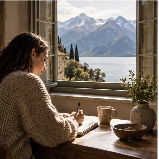 Guest writing beside a mountain view