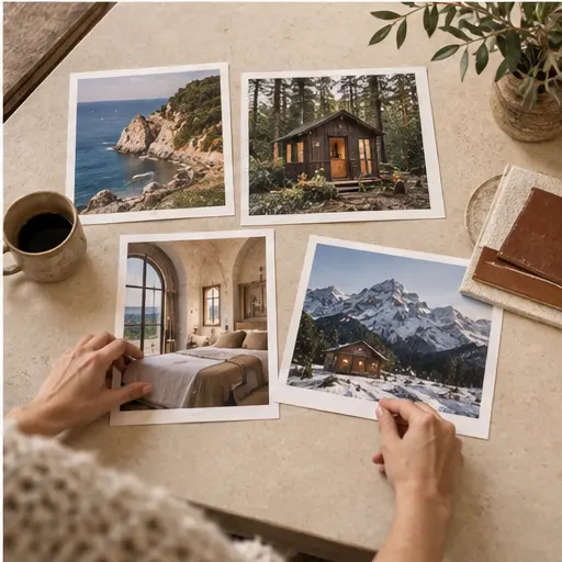 Editor arranging photographs of remarkable stays