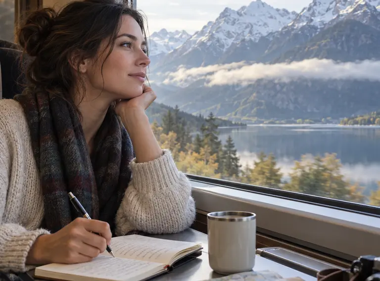 Traveller writing in a journal beside a train window