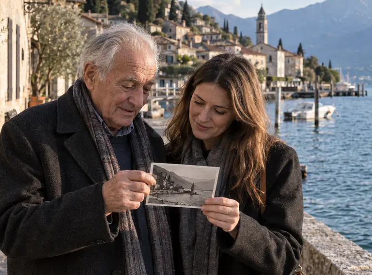 Father and daughter returning with an old photograph