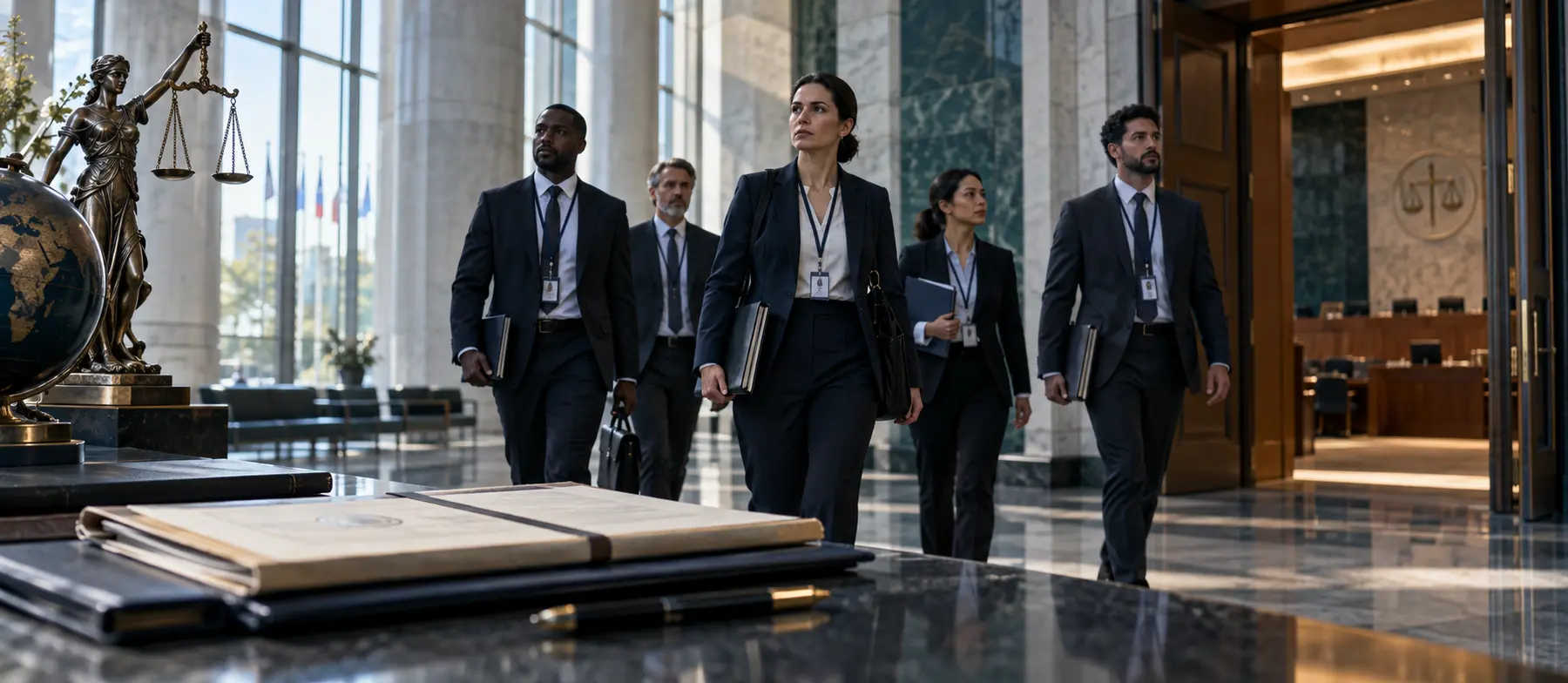 International legal investigators entering a modern court beside judicial documents