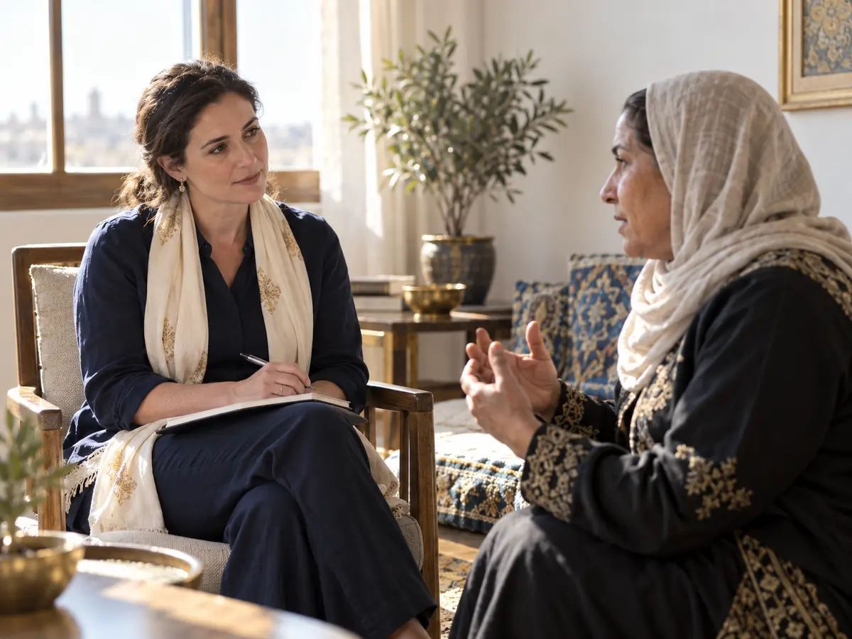 Human-rights interviewer listening to a civilian witness