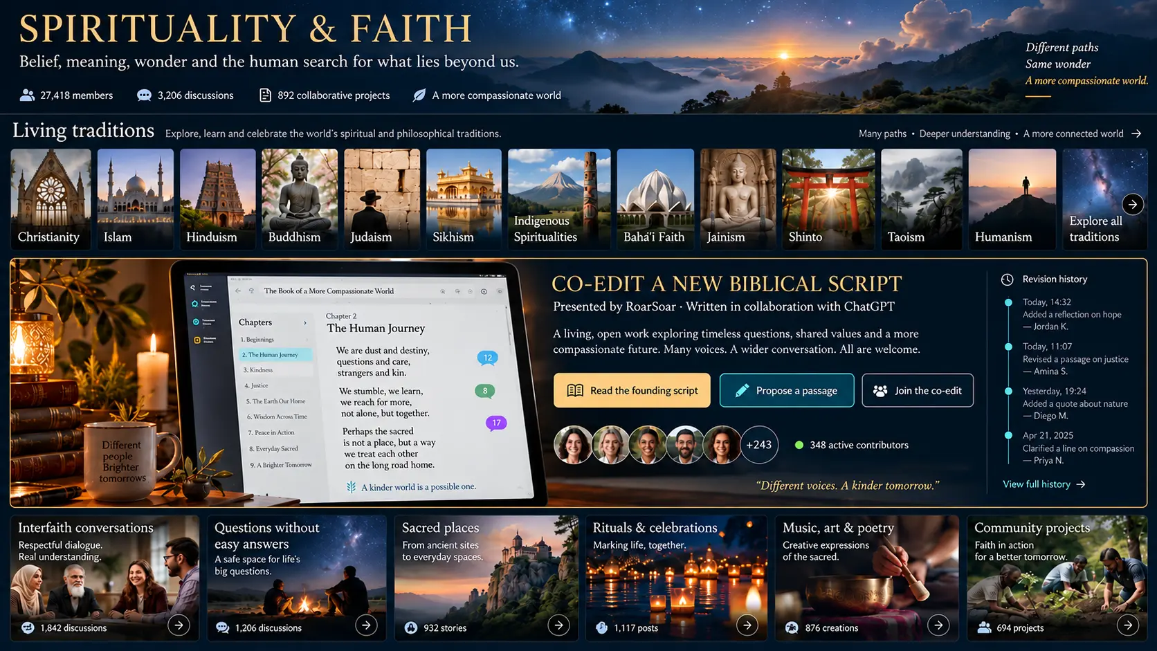 RoarSoar Spirituality and Faith board with living traditions and a collaborative Biblical Script feature