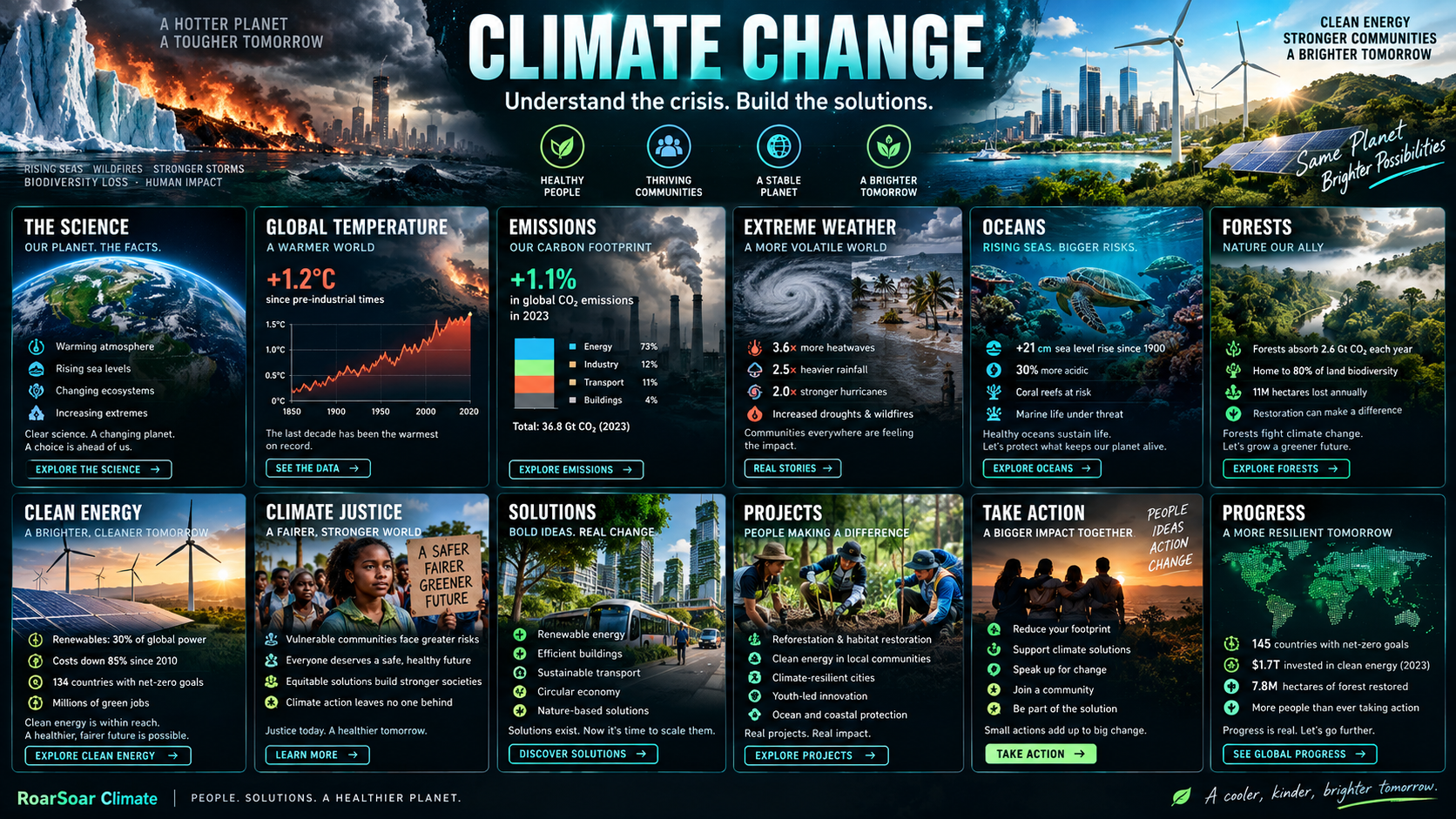 RoarSoar Climate Change board showing science, impacts, solutions, projects and progress