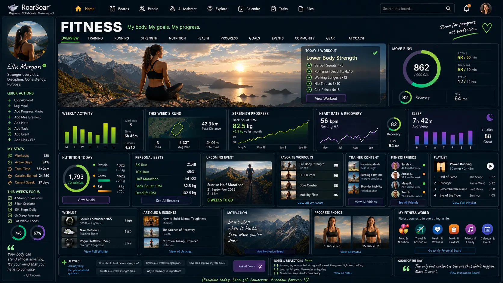 RoarSoar landscape fitness dashboard with workout, health and progress modules