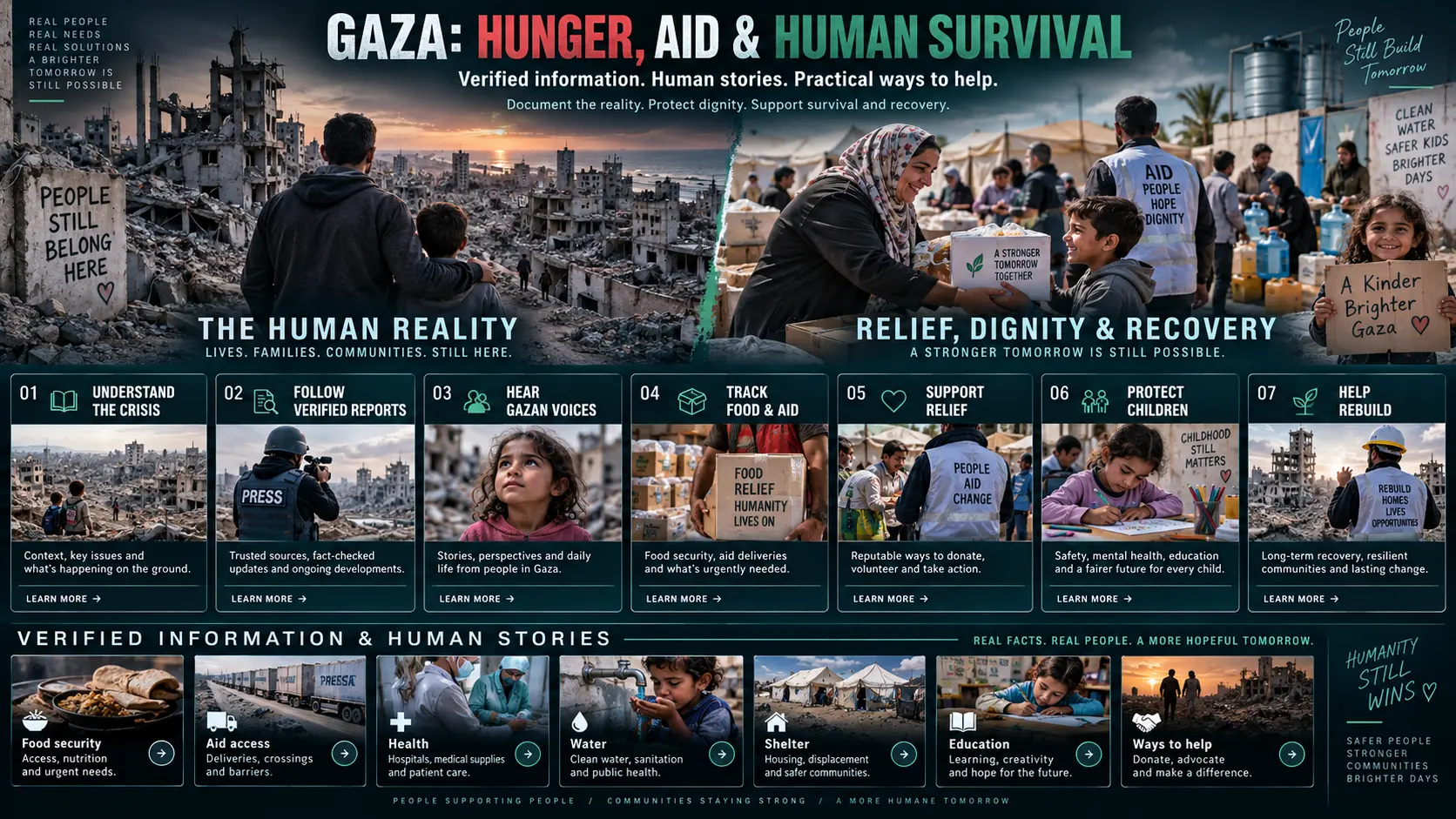 Gaza Hunger, Aid and Human Survival board presenting verified information, human stories and ways to help