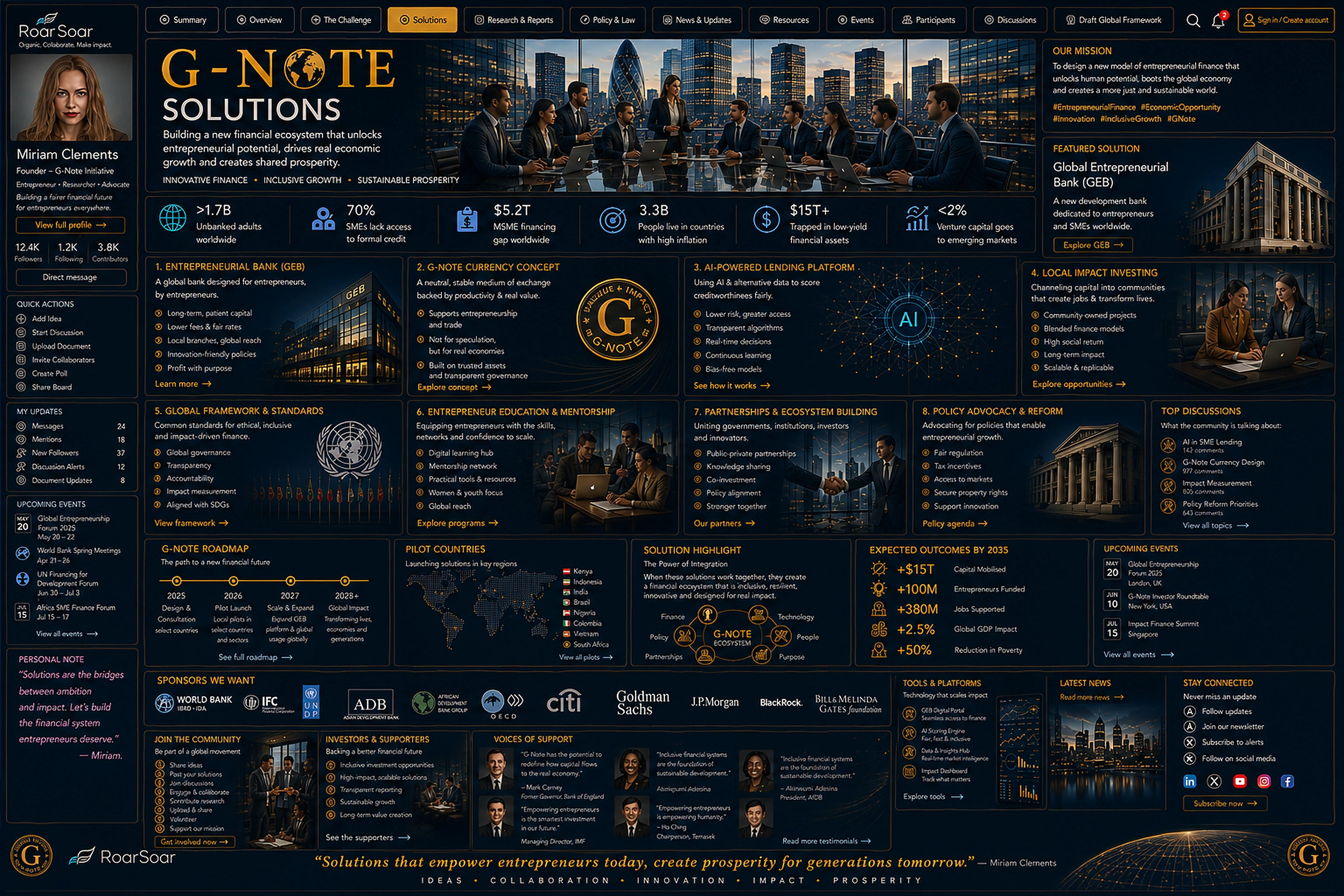 G-Note Solutions dashboard presenting entrepreneurial finance solutions