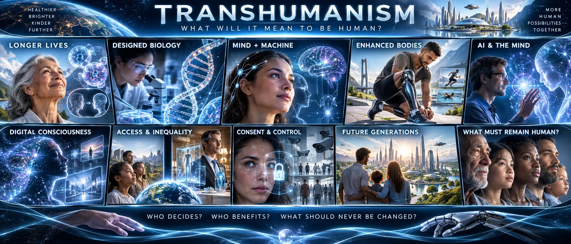 Transhumanism visual board exploring longer lives, designed biology, mind-machine interfaces, enhanced bodies, artificial intelligence, digital consciousness, inequality, consent and human identity