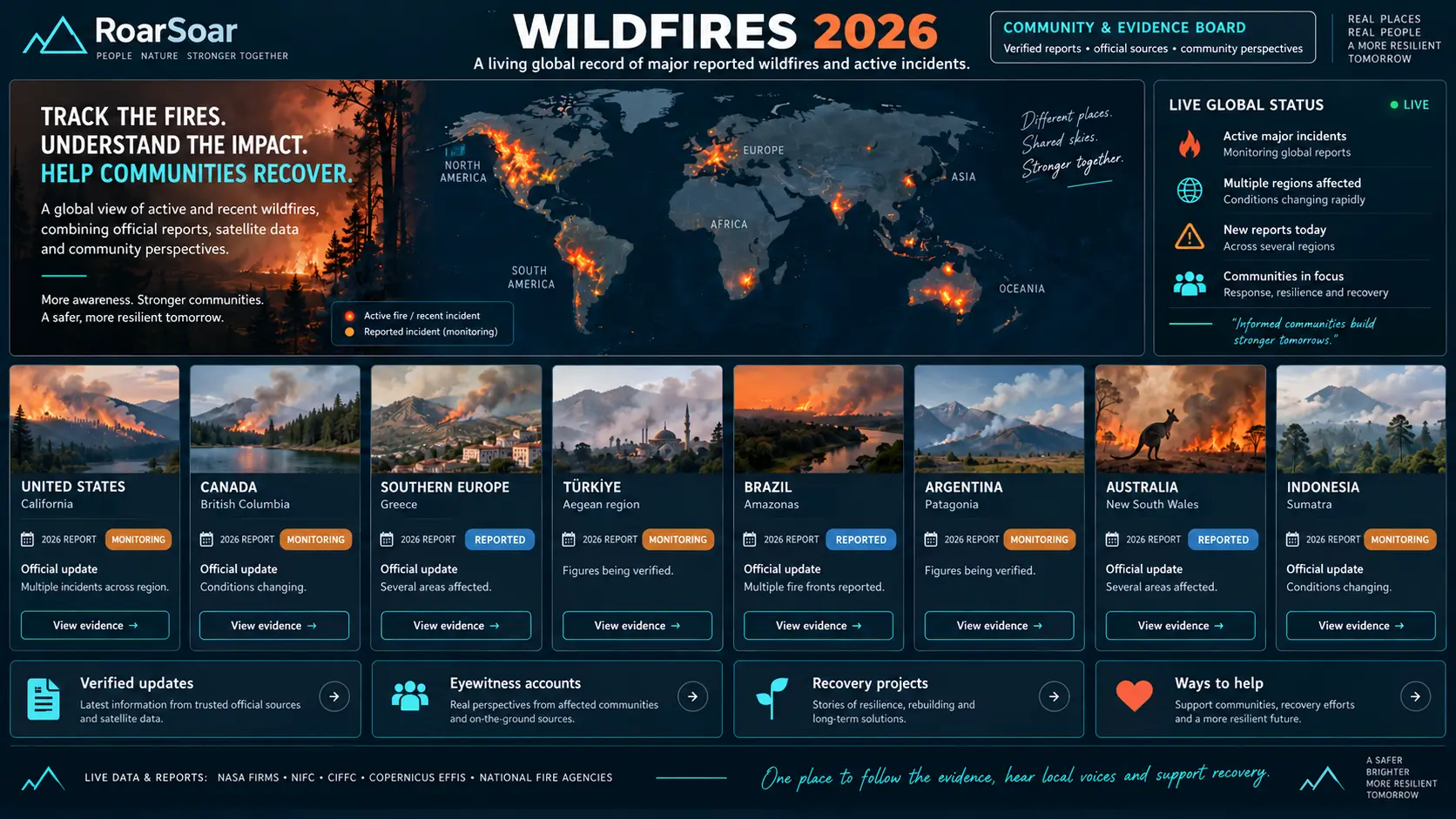 RoarSoar Wildfires 2026 global community and evidence board